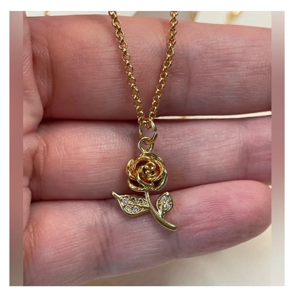 18k Gold Necklace with Pave Rose Charm